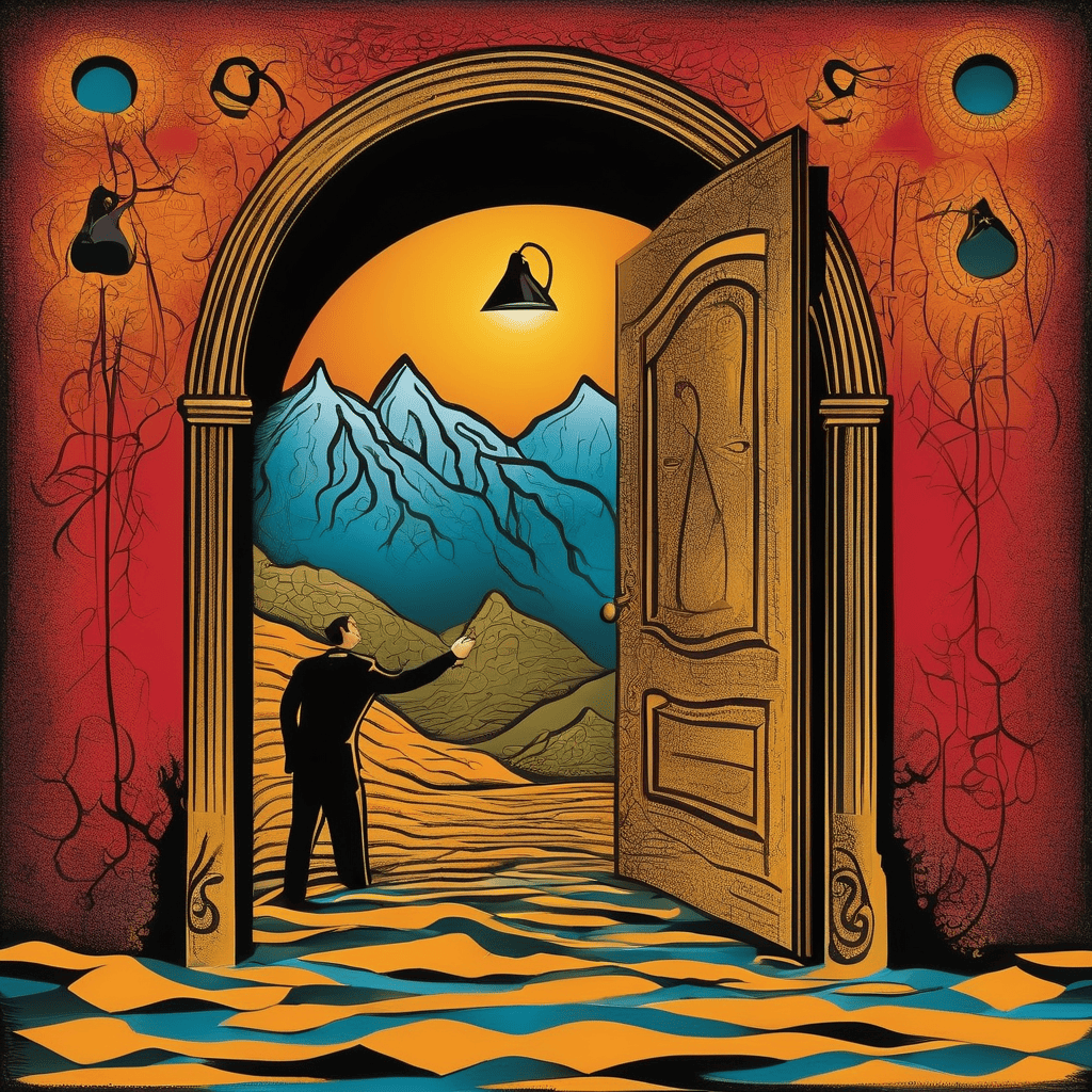 Ilustración de un hombre pasa de un lugar inóspito a un lugar de éxito a través de una puerta.