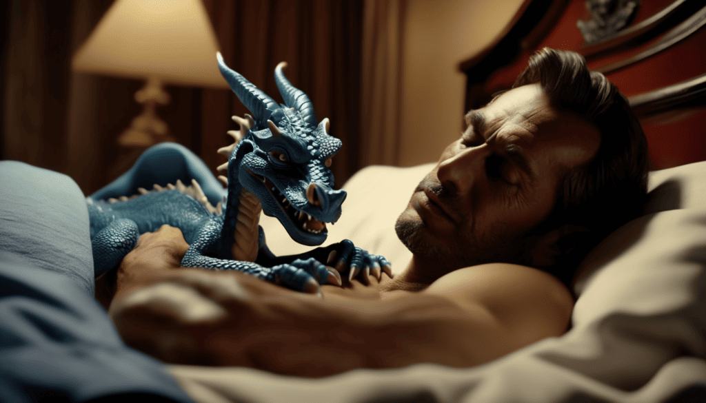 Un hombre dormindo en su cama mientras es observado de forma complasciente por un pequeño pero feroz dragón.