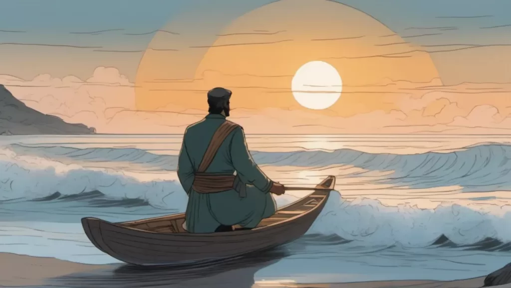 Ilustración de un hombre en una balsa mirando al atardecer.
