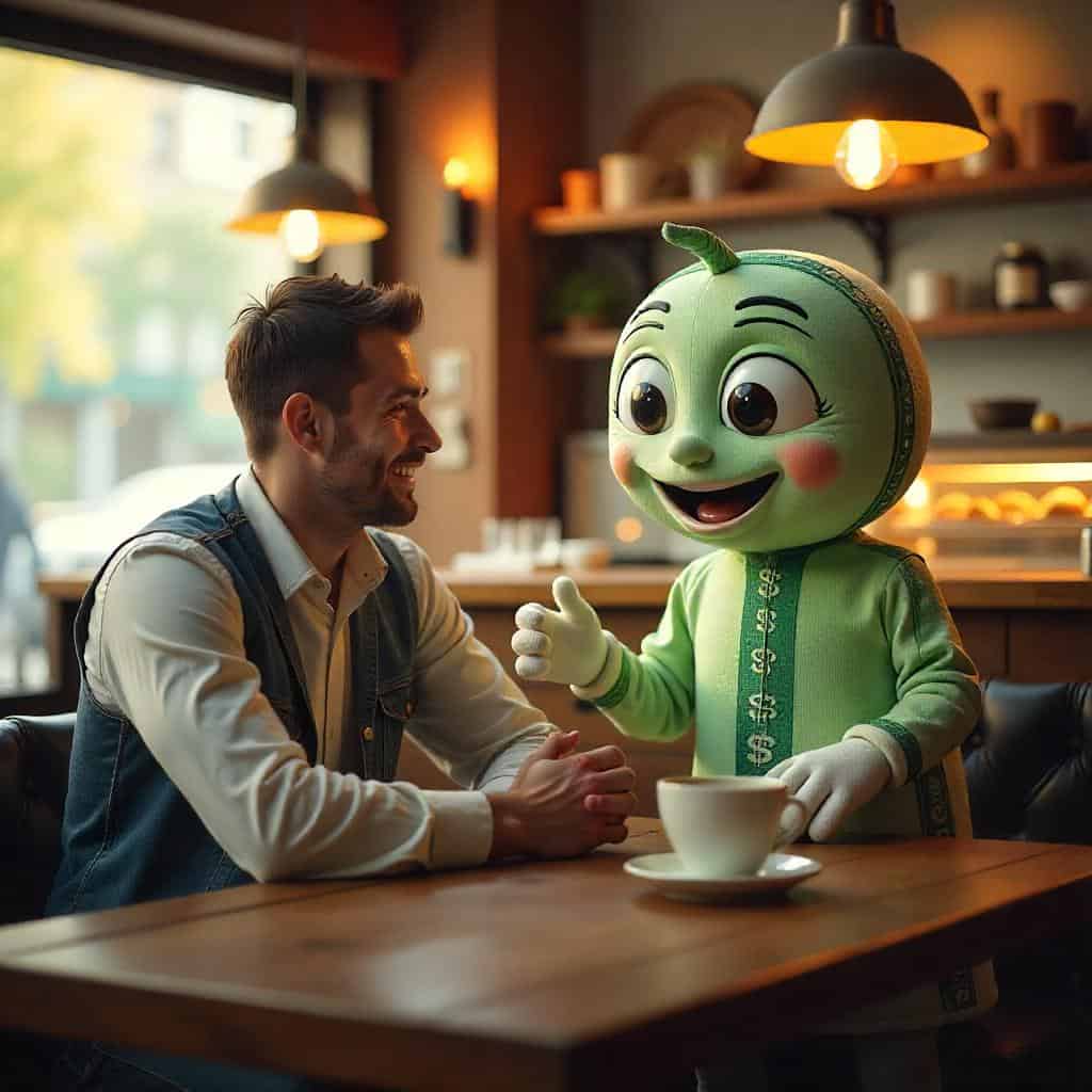 Joven conversando con una botarga de billete verde en una cafetería.